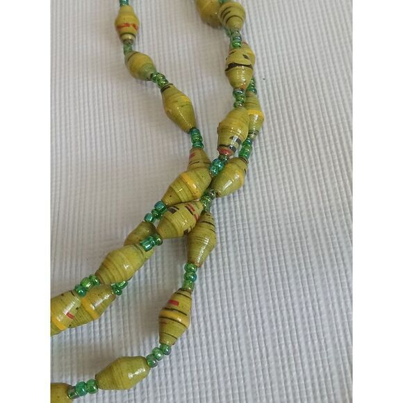 Bright Green Striped Paper and Seed Beaded Lightweight Triple Strand Necklace - Picture 4 of 9